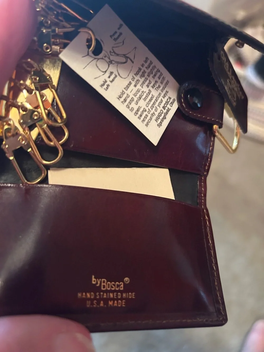 Bosca Dark Brown Leather Key & Card Holder with Gold Hardware